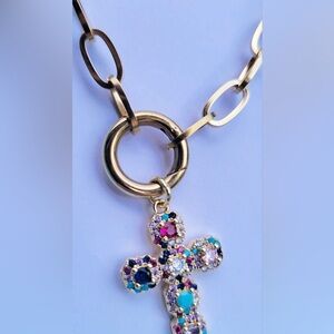 Gold and Pink Crystal Necklace with Cross Pendant